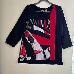 Chico's Top High/Low Side Slit Multi-Colored/Solid Black On Back Size 2/12